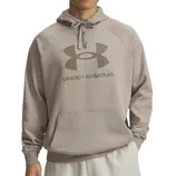 A person is wearing a light gray Under Armour hoodie with a front pouch pocket and a drawstring hood, featuring the brand's logo and name on the chest.