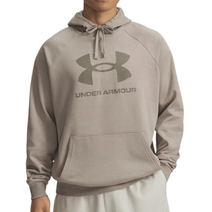 A person is wearing a light gray Under Armour hoodie with a front pouch pocket and a drawstring hood, featuring the brand's logo and name on the chest.