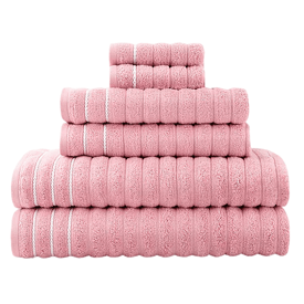 A stack of pink towels in various sizes, featuring a textured pattern with white stripes.