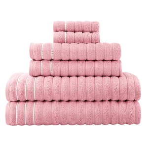 A stack of pink towels in various sizes, featuring a textured pattern with white stripes.