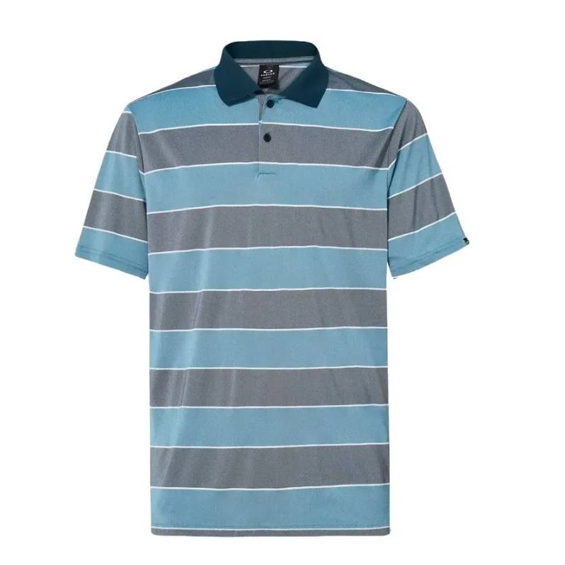 Striped blue and gray polo shirt.