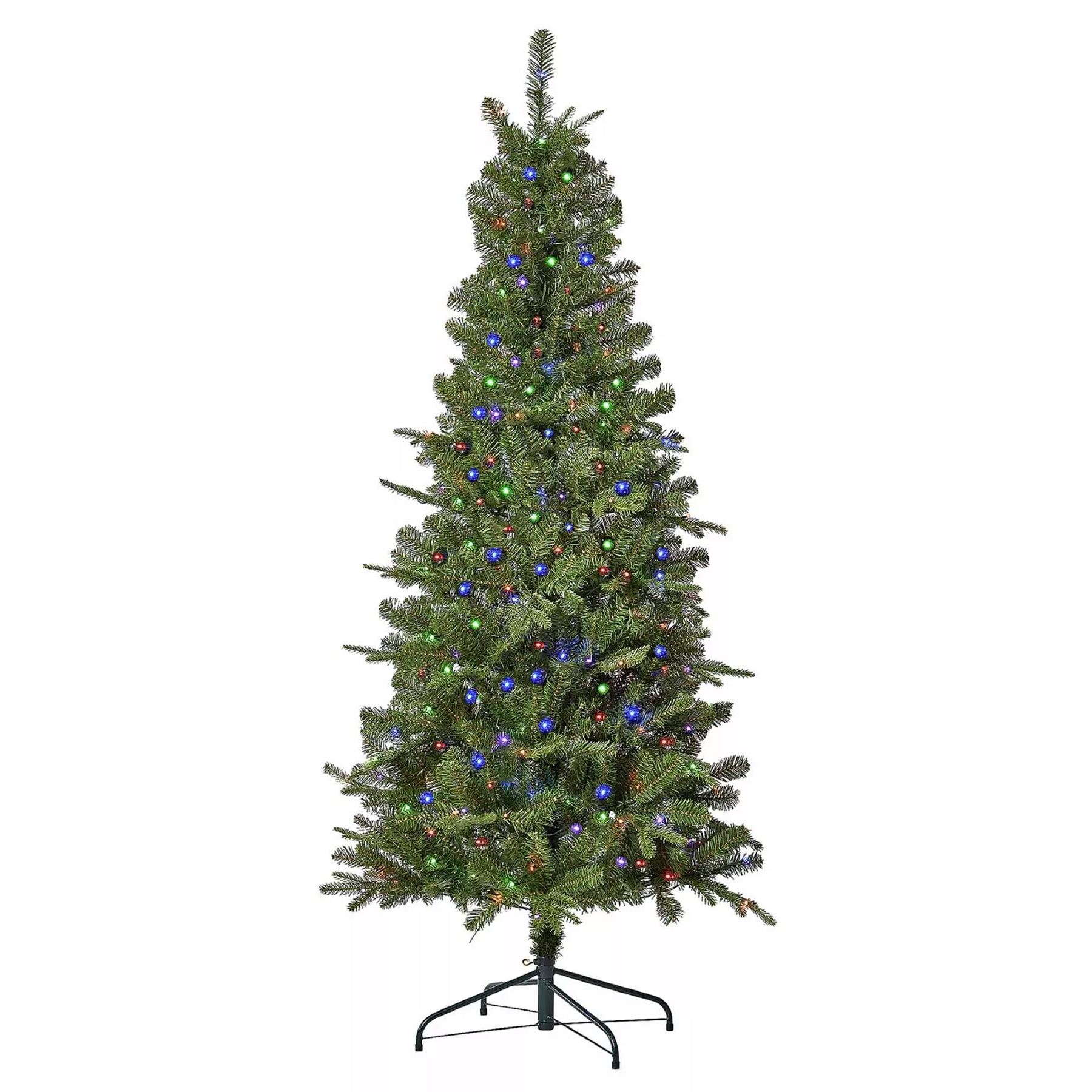 An artificial Christmas tree with multi-colored lights, featuring a metal stand.