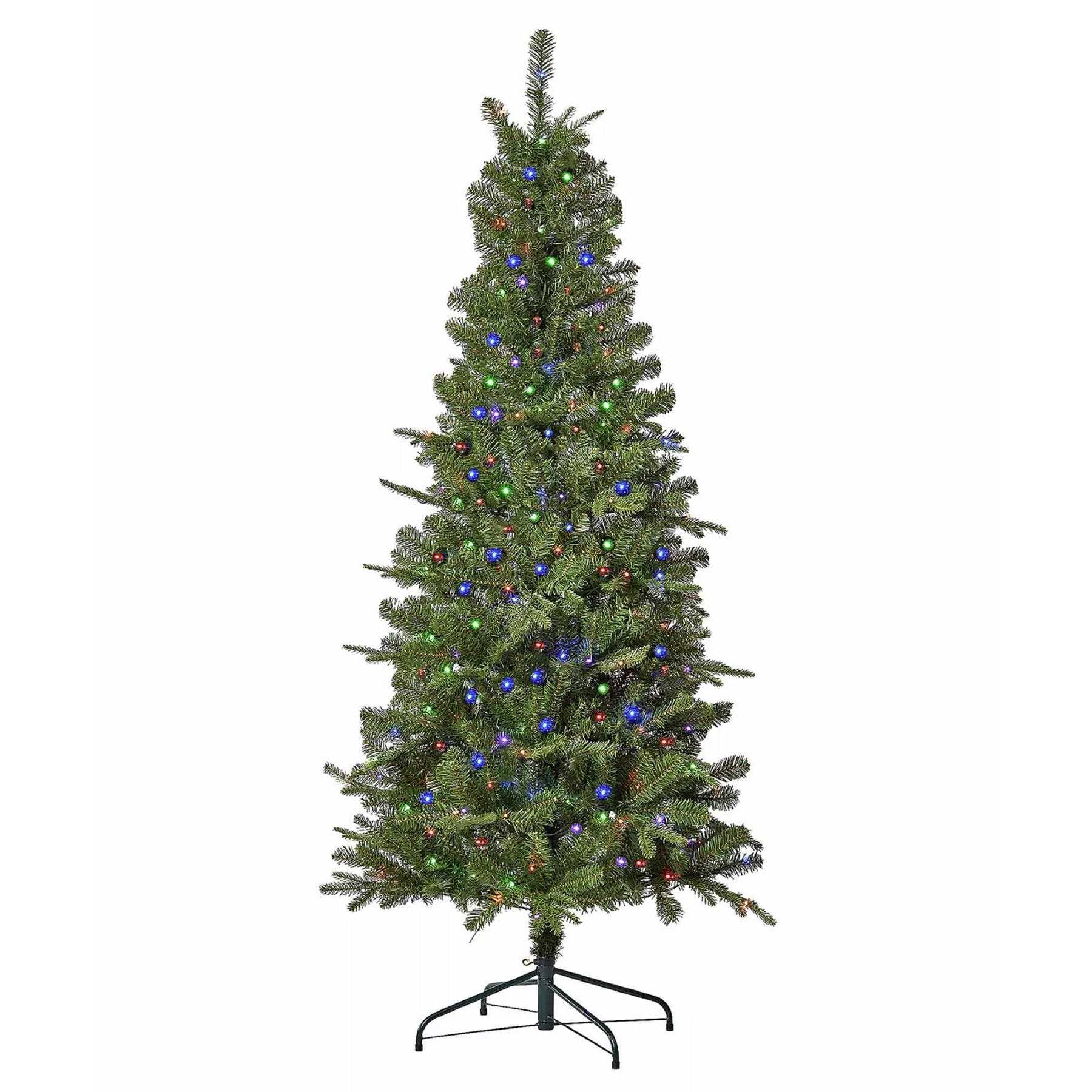 An artificial Christmas tree with multi-colored lights, featuring a metal stand.