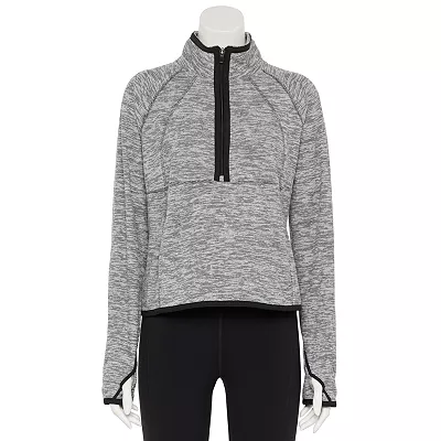 Gray heathered microfleece sweatshirt with a half-zip closure, stand-up collar, and front kangaroo pocket, displayed on a mannequin.