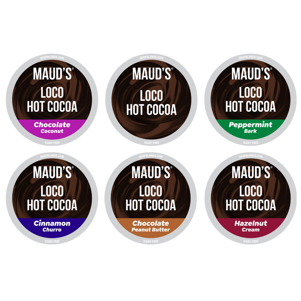 A 48-count assortment of Maud's Loco Hot Cocoa pods featuring six flavors: Chocolate Coconut, Peppermint Bark, Cinnamon Churro, Chocolate Peanut Butter, and Hazelnut Cream. Each flavor is labeled dairy-free.