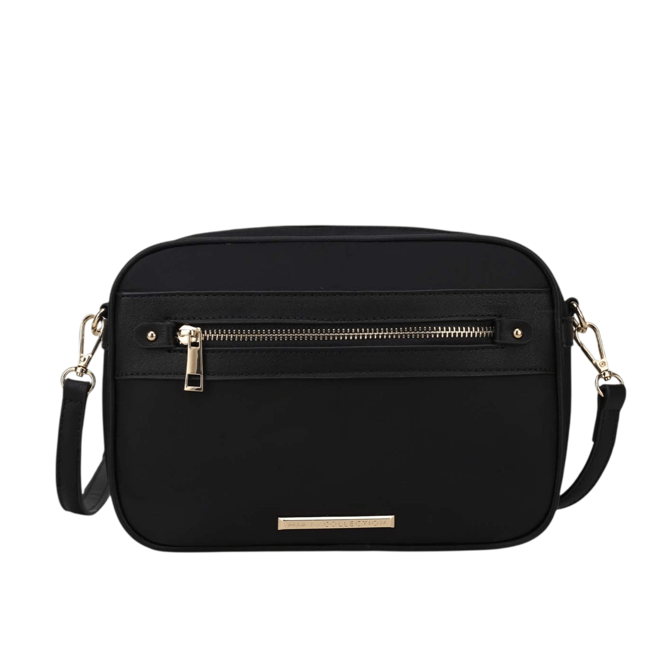 A black crossbody bag with a front zipper pocket and detachable strap, featuring metallic accents.