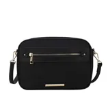 A black crossbody bag with a front zipper pocket and detachable strap, featuring metallic accents.