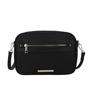 A black crossbody bag with a front zipper pocket and detachable strap, featuring metallic accents.