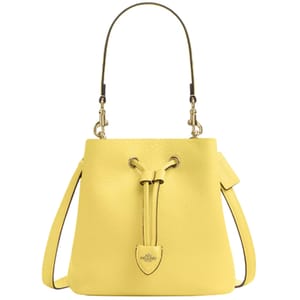 Yellow leather bucket bag with a drawstring closure, featuring a top handle and detachable shoulder strap.
