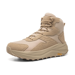 A beige high-top hiking boot with rugged tread, cushioned sole, and durable fabric construction suitable for outdoor activities.