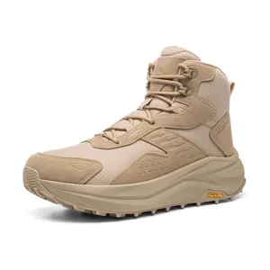 A beige high-top hiking boot with rugged tread, cushioned sole, and durable fabric construction suitable for outdoor activities.