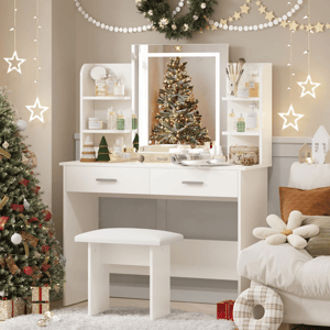 A white vanity set with a mirror and shelves is adorned with beauty products and surrounded by festive Christmas decorations, including a tree with gold baubles, star lights, and wreaths, creating a cozy holiday atmosphere.