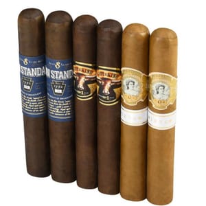 Six cigars with various colored wrappers and distinctive labels are shown side by side.