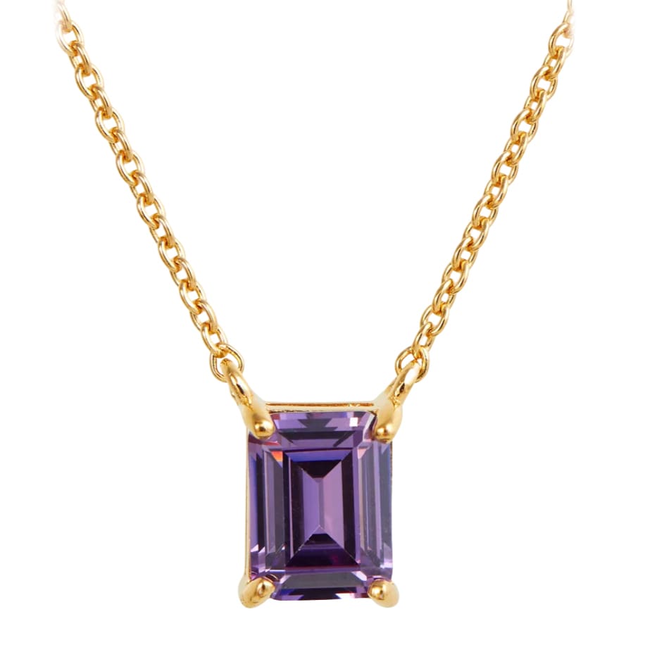 18K gold necklace featuring a rectangular-cut purple gemstone, likely an amethyst, set in a simple prong setting. The gold chain has a classic, delicate link design.