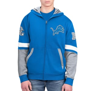 A blue and gray zip-up hoodie featuring a roaring lion logo and an \“NFC\“ patch, typically associated with the Detroit Lions football team.
