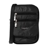 A black Baggallini crossbody bag featuring two front zippered pockets, a textured quilted design, and an adjustable strap.