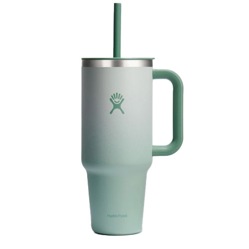 40oz Hydro Flask Tumbler in light green with a handle, matching straw, and stainless steel rim, featuring a simple logo design.