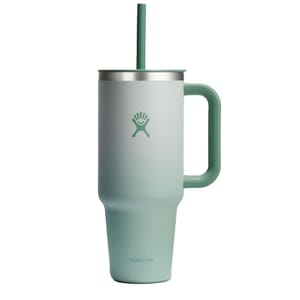 40oz Hydro Flask Tumbler in light green with a handle, matching straw, and stainless steel rim, featuring a simple logo design.