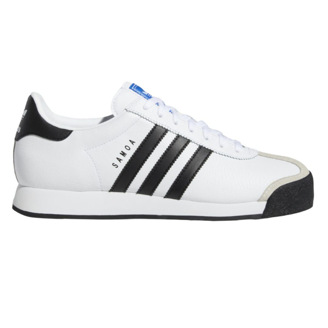 Adidas Samoa sneaker in white with black stripes, featuring a textured leather upper and rubber soles.