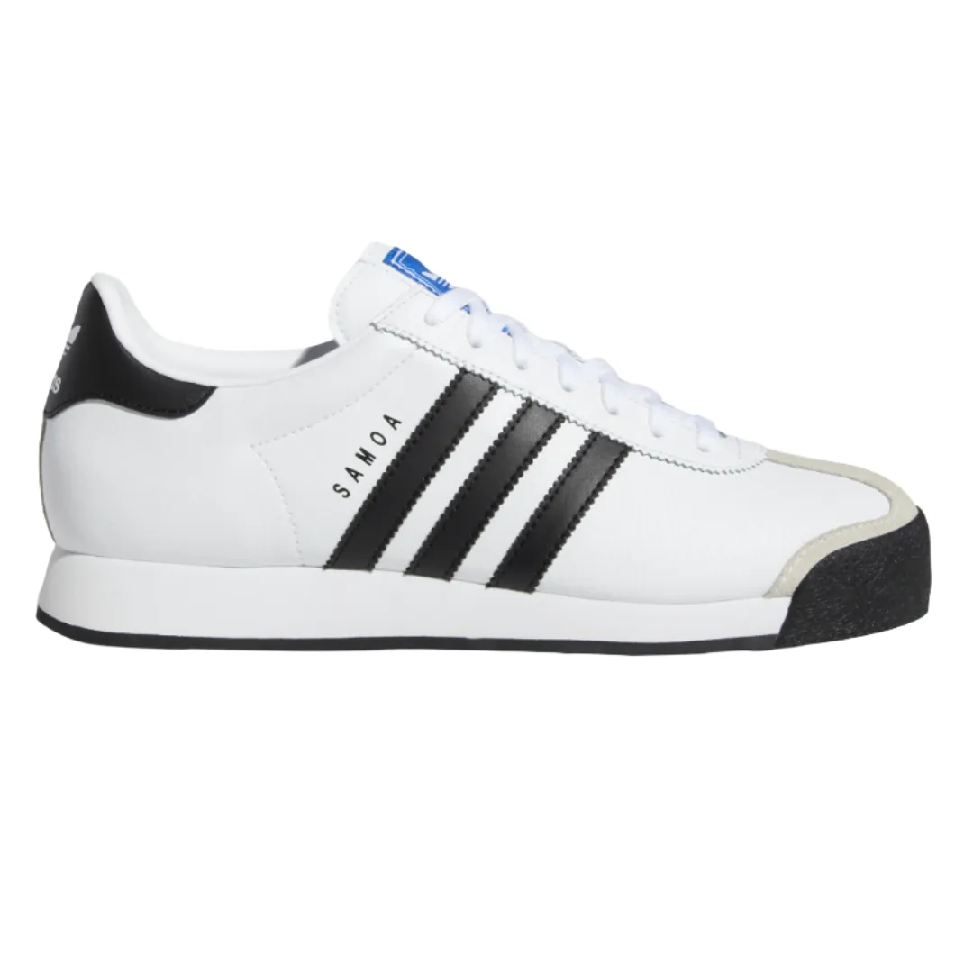 Adidas Samoa sneaker in white with black stripes, featuring a textured leather upper and rubber soles.