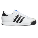 Adidas Samoa sneaker in white with black stripes, featuring a textured leather upper and rubber soles.