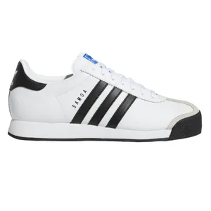Adidas Samoa sneaker in white with black stripes, featuring a textured leather upper and rubber soles.