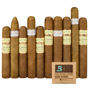 A collection of cigars labeled \“Remington\“ and \“Shade\“ alongside a Boveda 2-way humidity control packet.