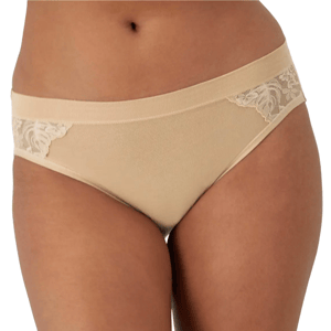 Beige women's panties with lace detailing on the sides.