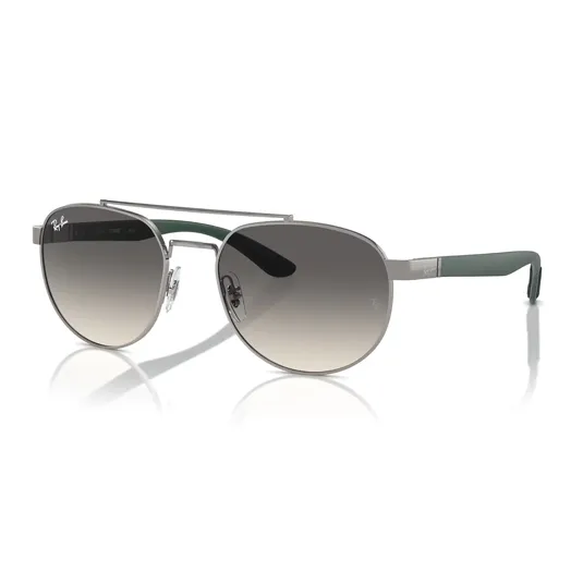 Aviator-style sunglasses with a thin silver metal frame, double bridge, and gradient dark lenses. Brand logo visible on the lens and temple.