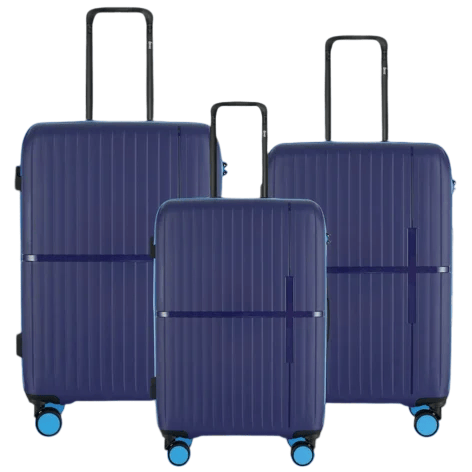 A set of three navy blue hard-shell suitcases with telescopic handles and four wheels.