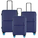 A set of three navy blue hard-shell suitcases with telescopic handles and four wheels.