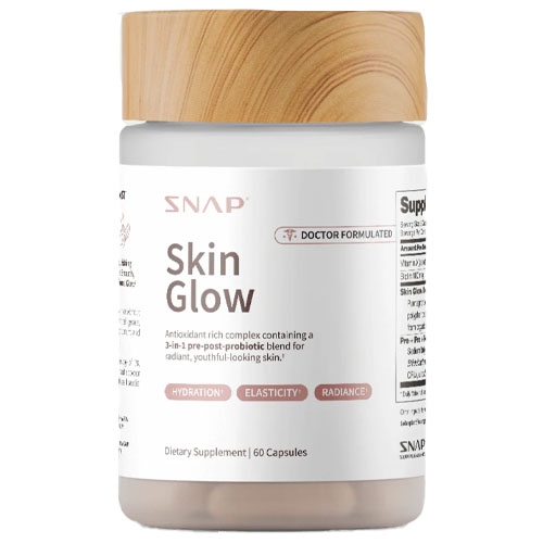 SNAP Skin Glow is a dietary supplement with 60 capsules, containing a 3-in-1 pre-post-probiotic blend for skin hydration, elasticity, and radiance.