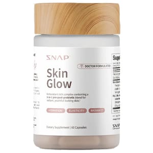 SNAP Skin Glow is a dietary supplement with 60 capsules, containing a 3-in-1 pre-post-probiotic blend for skin hydration, elasticity, and radiance.