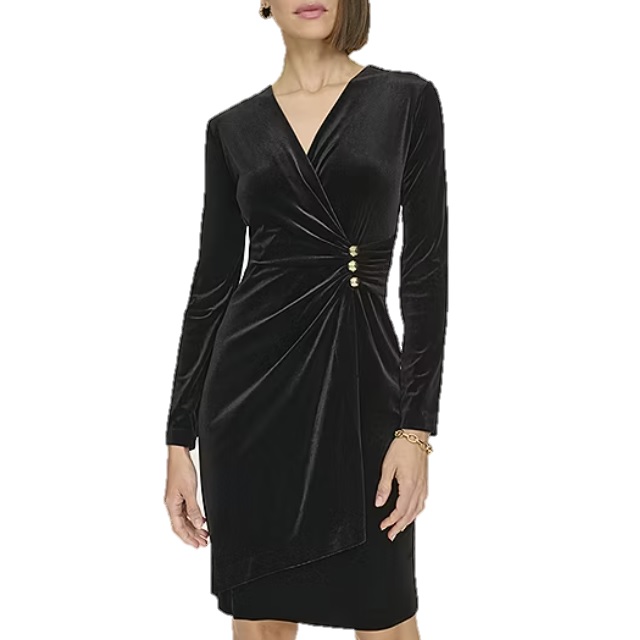 A black velvet dress with a V-neckline, long sleeves, and gold button accents at the gathered waist.