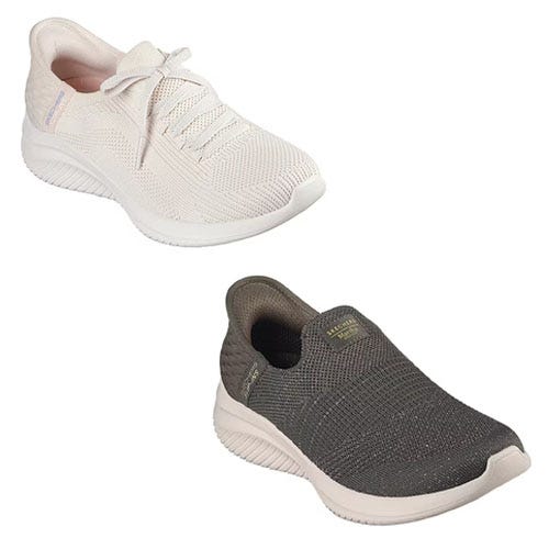 Two pairs of Skechers Brilliant Path Slip-In sneakers are shown, one in white and one in gray, featuring a seamless knit upper and slip-on design with laces.
