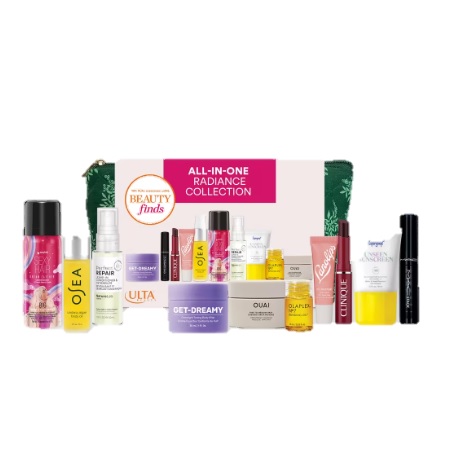 A collection of skincare and beauty items, including serums, sprays, creams, and a cosmetic bag, from various brands. The set focuses on enhancing skin radiance.