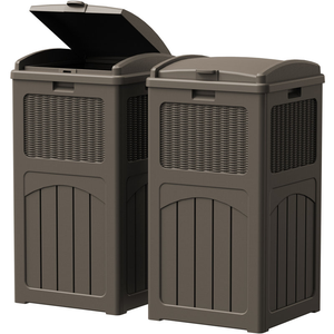 Two brown outdoor trash bins with a woven rattan design and a top-opening lid.