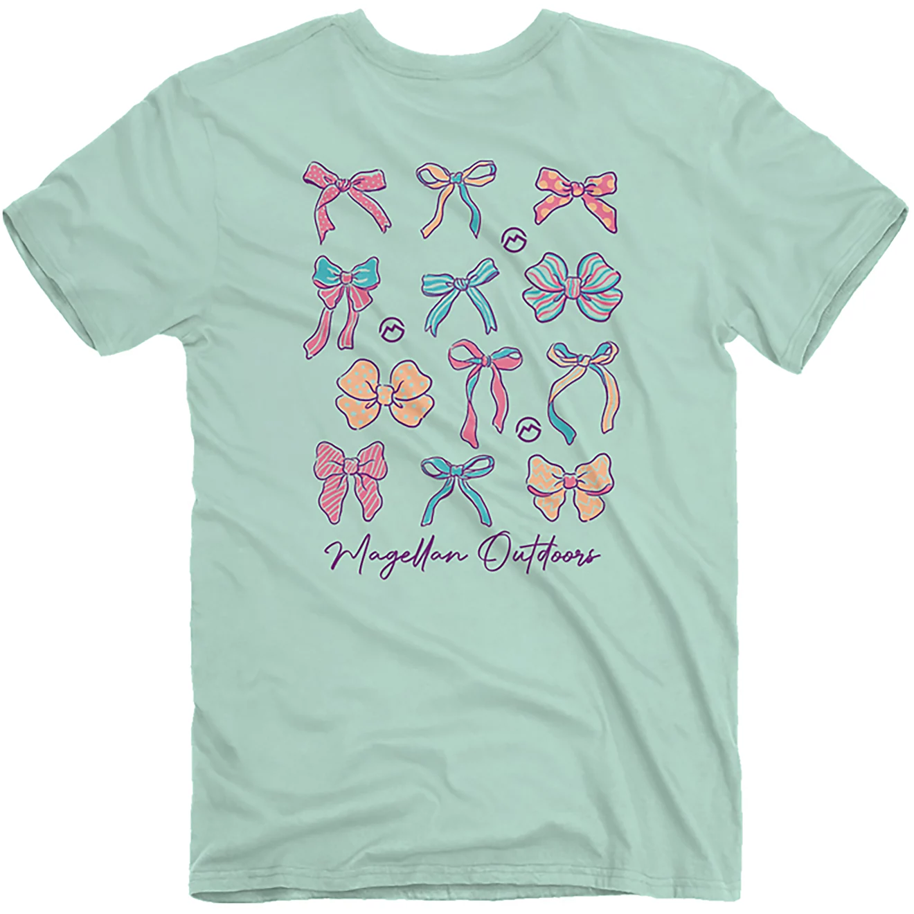 Mint green t-shirt with various colorful bows in different styles and the text \“Magellan Outdoors\“ at the bottom.