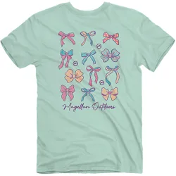 Mint green t-shirt with various colorful bows in different styles and the text \“Magellan Outdoors\“ at the bottom.