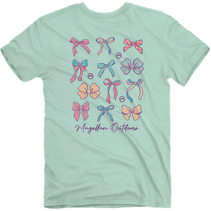 Mint green t-shirt with various colorful bows in different styles and the text \“Magellan Outdoors\“ at the bottom.