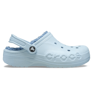 Light blue Crocs with a soft, fuzzy lining and adjustable heel strap, featuring the Crocs logo on the side and ventilation holes on the top.