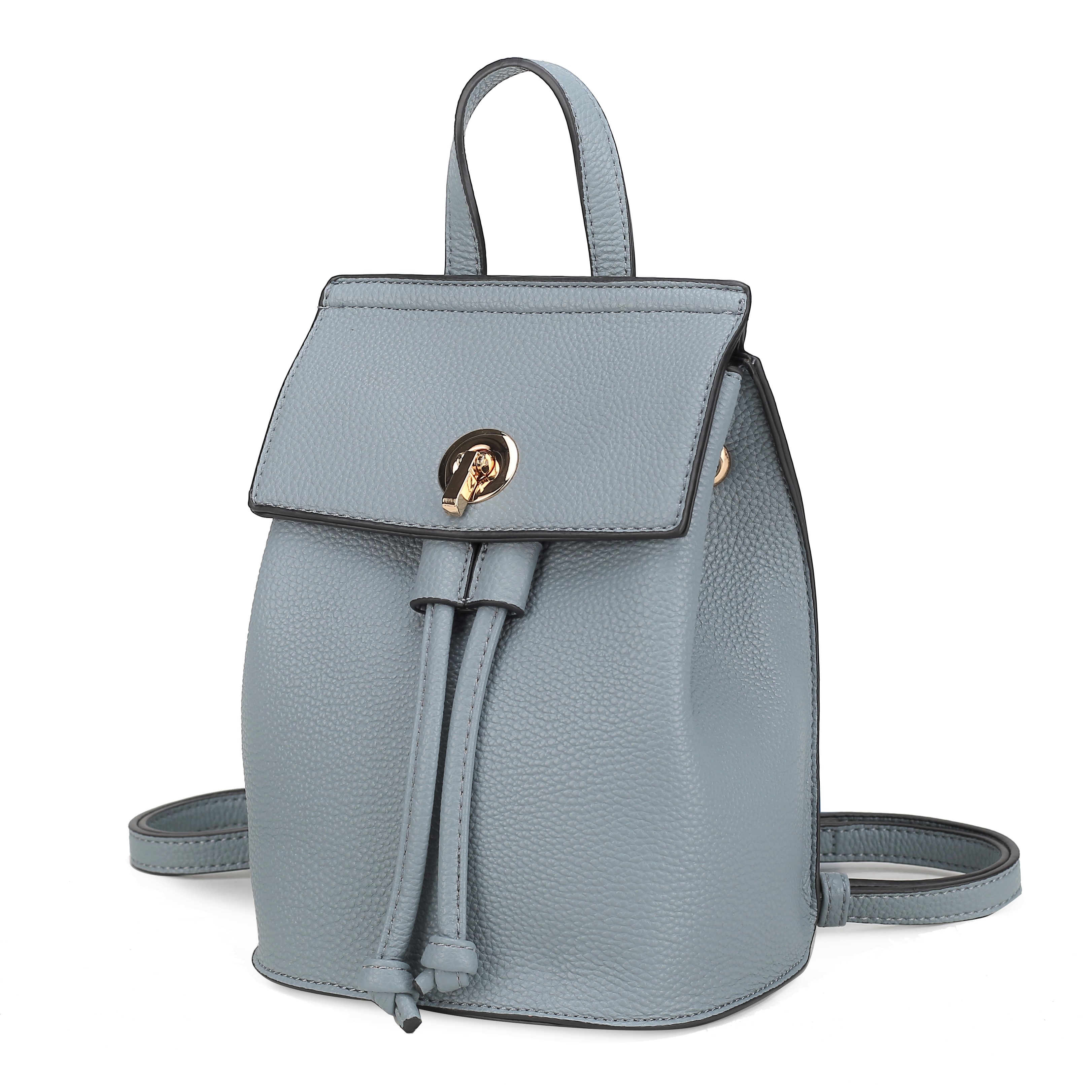 A small light blue faux-leather backpack with a pebbled texture, featuring a flap closure with a gold twist lock and a drawstring. It has a top handle and adjustable shoulder straps.