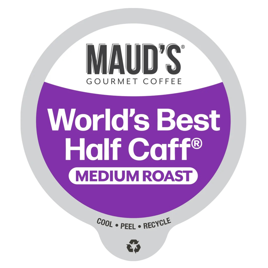 Maud's Gourmet Coffee, World's Best Half Caff, Medium Roast, with instructions to cool, peel, and recycle.