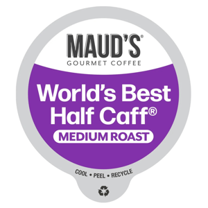 Maud's Gourmet Coffee, World's Best Half Caff, Medium Roast, with instructions to cool, peel, and recycle.