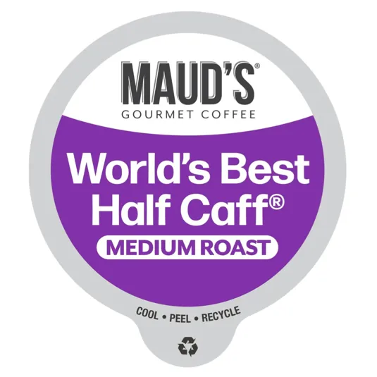 Maud's Gourmet Coffee, World's Best Half Caff, Medium Roast, with instructions to cool, peel, and recycle.