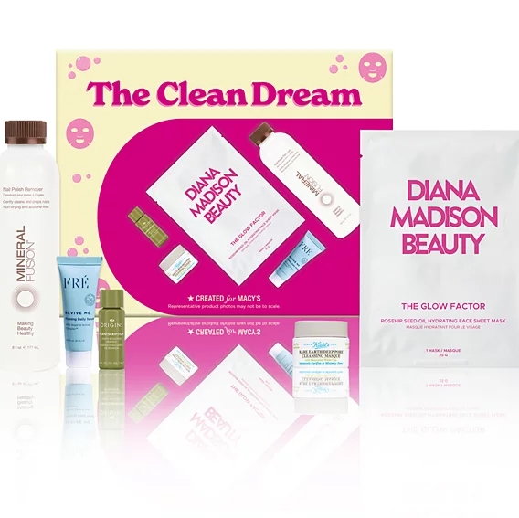 \“The Clean Dream\“ set includes products like Diana Madison Beauty's face sheet mask and Mineral Fusion nail polish remover, along with items from FRÉ and Origins.