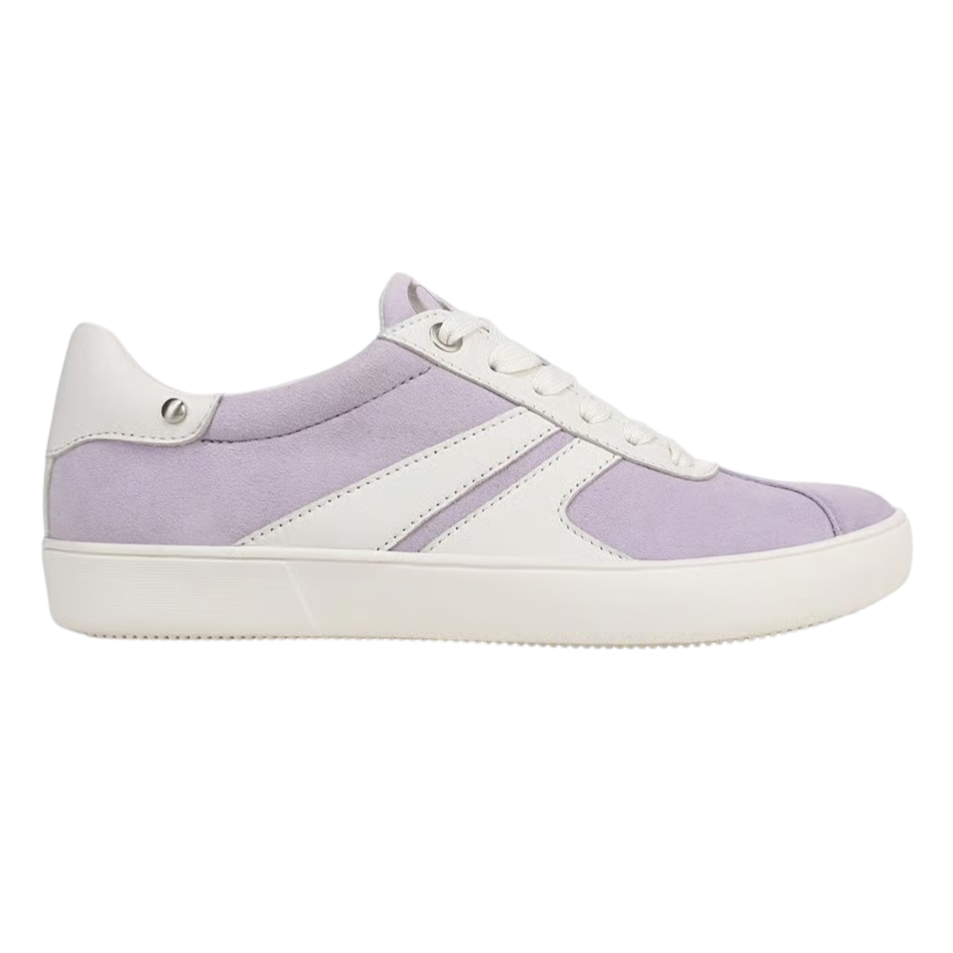 A lavender and white sneaker with a low-top design, featuring lace-up closure and a textured sole for grip.