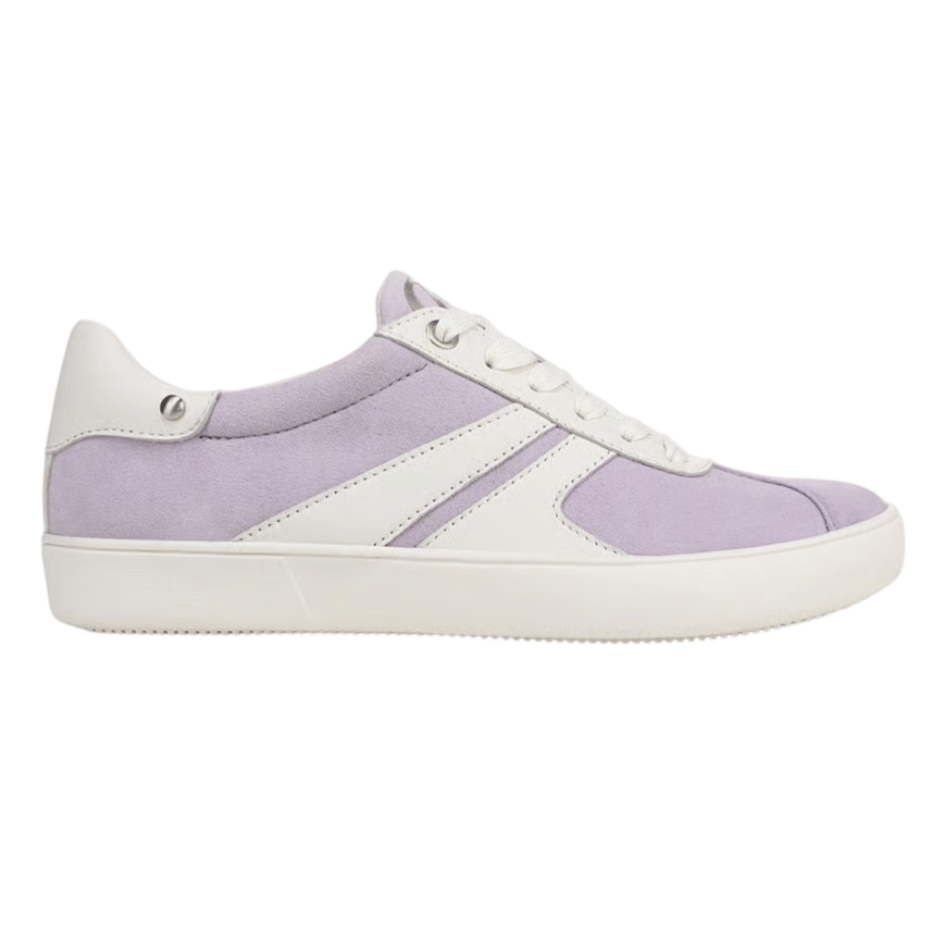 A lavender and white sneaker with a low-top design, featuring lace-up closure and a textured sole for grip.
