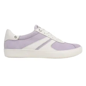 A lavender and white sneaker with a low-top design, featuring lace-up closure and a textured sole for grip.