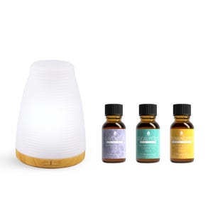 USB Aromatherapy Diffuser with a white, ribbed design and wooden base is shown alongside three essential oil bottles: Lavender, Eucalyptus, and Frankincense.